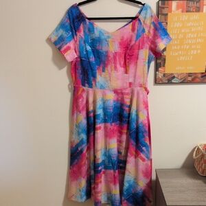 Unique Vintage Pink & Blue Dress Size XL P2P 20, Waist: 17 Shoud2hem: 43 2pkts